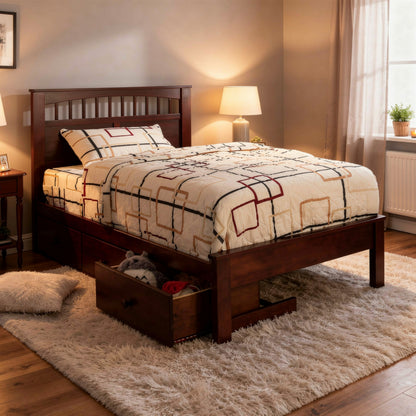 Resy Twin Size Bed, Slatted Headboard and Side Drawers, Cherry Brown