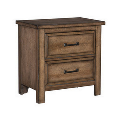 Reva 27 Inch Nightstand, 2 Drawers, Black Metal, Light Brown Solid Wood