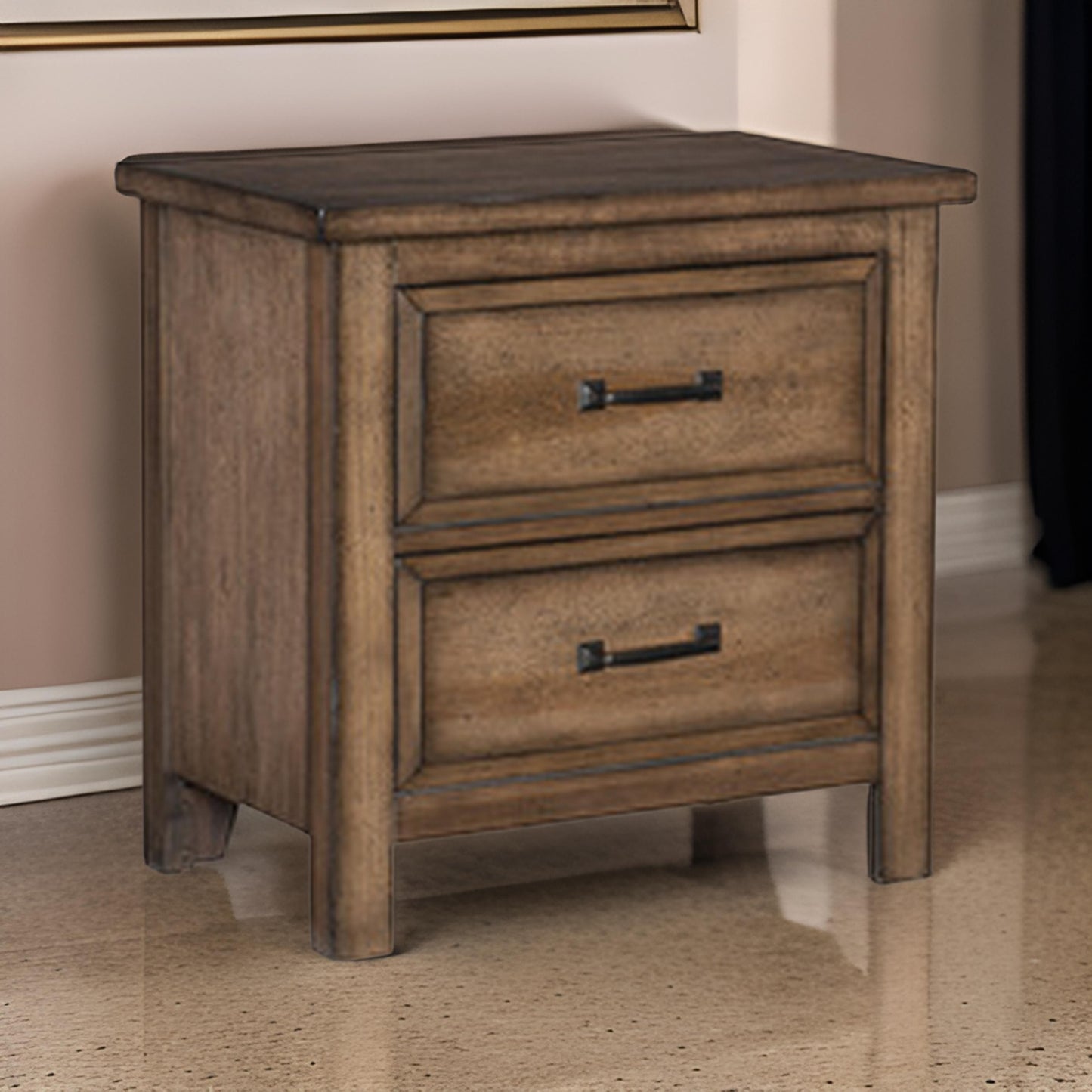 Reva 27 Inch Nightstand, 2 Drawers, Black Metal, Light Brown Solid Wood