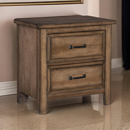 Reva 27 Inch Nightstand, 2 Drawers, Black Metal, Light Brown Solid Wood