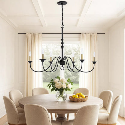 Rino 36 Inch Chandelier, Brass Candelabra Sleeve Accents, Black Metal