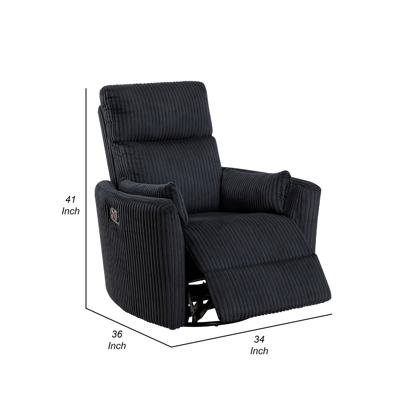 Rix Swivel Glider Recliner Chair w 2 Lumbar Pillows, Black Corduroy