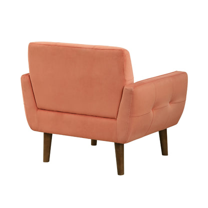 Roa Accent Armchair, Coral Orange Velvet, Tufted Back w Tapered Legs
