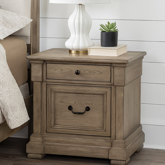 Roi Nightstand, 2 Drawers, Weathered Gray Solid Wood, 28 Inch