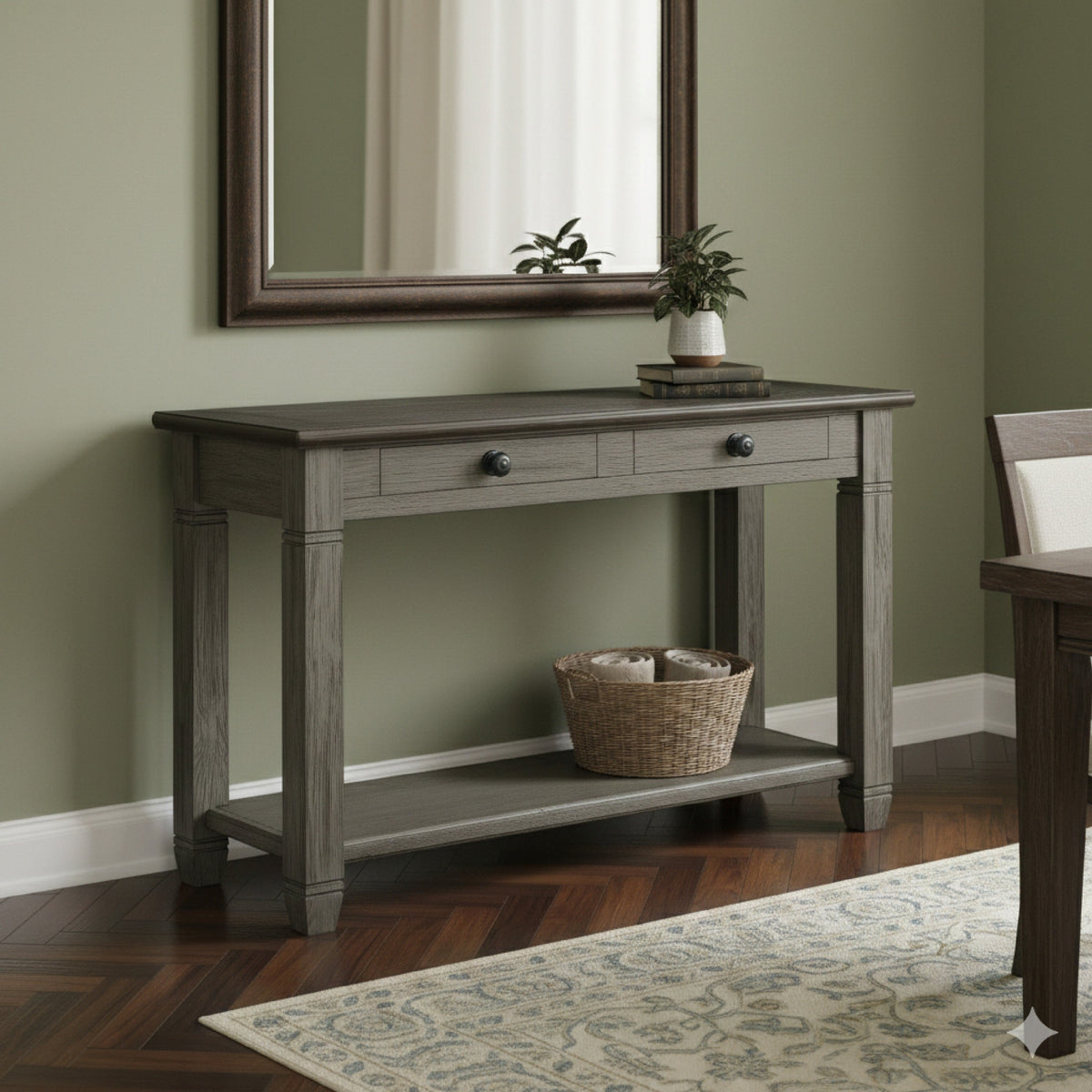 Rome 48 Inch Sofa Table, Rectangular, 2 Drawers , Brown, Solid Wood – Grey