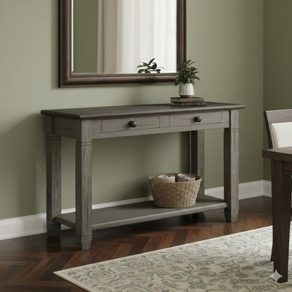 Rome 48 Inch Sofa Table, Rectangular, 2 Drawers , Brown, Solid Wood – Grey