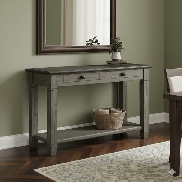 Rome 48 Inch Sofa Table, Rectangular, 2 Drawers, Brown, Gray, Solid Wood