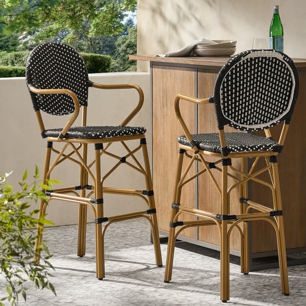 46 Inch Outdoor Barstool Chair Set of 2, Red White Brown Woven Wicker