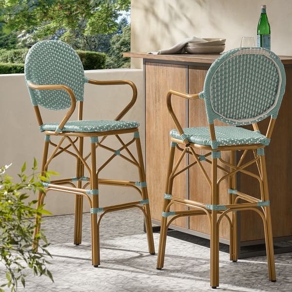 46 Inch Outdoor Barstool Chair Set of 2, Red White Brown Woven Wicker