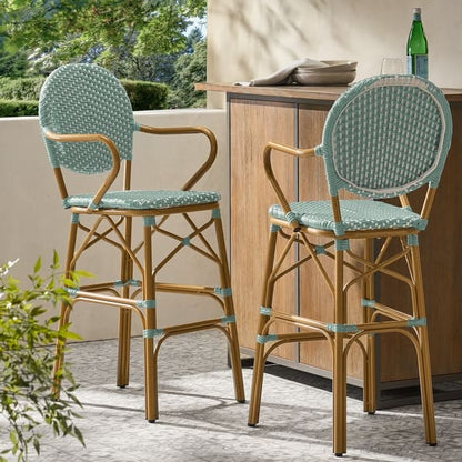 46 Inch Outdoor Barstool Chair Set of 2, Red White Brown Woven Wicker