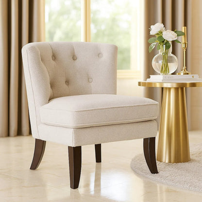 Rose Accent Chair, Button Tufted Wingback, Beige Polyester, Brown Legs