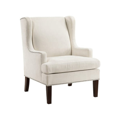 Rossana Accent Wing Armchair, Beige Polyester, Brown Wood, Nailhead