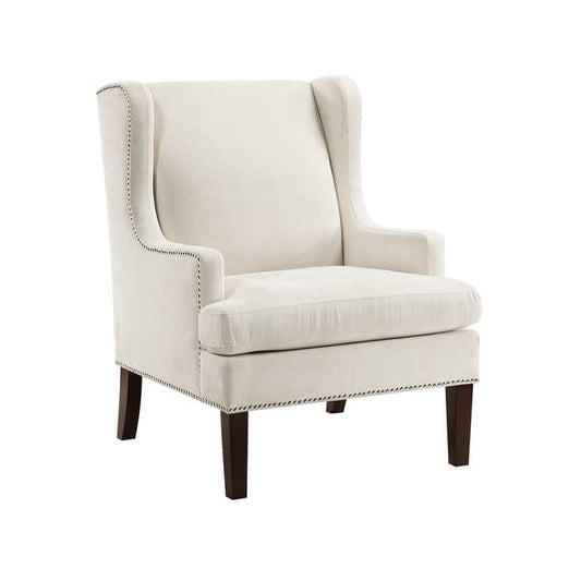 Rossana Accent Wing Armchair, Beige Polyester, Brown Wood, Nailhead