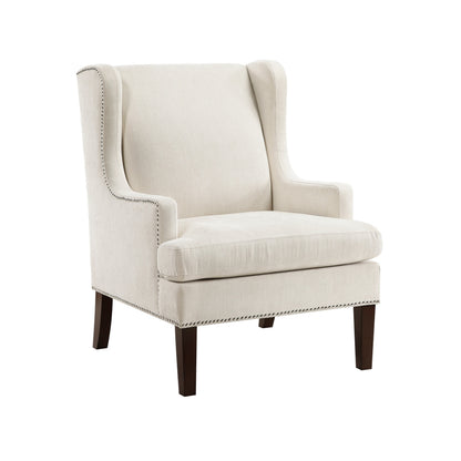 Rossana Accent Wing Armchair, Blue Polyester, Brown Wood, Nailhead