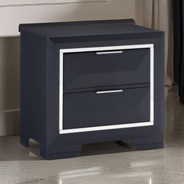 Rosy 27 Inch Nightstand, 2 Drawers, Chrome Accents, Midnight Blue Wood
