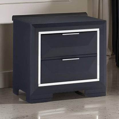 Rosy 27 Inch Nightstand, 2 Drawers, Chrome Accents, Midnight Blue Wood