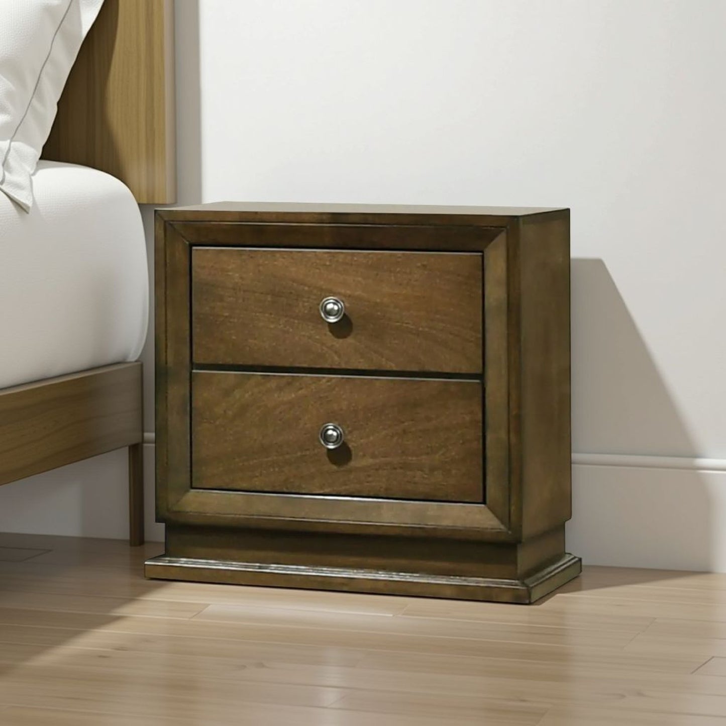 Rouk 24 Inch 2 Drawer Nightstand, Transitional, Walnut Brown Solid Wood