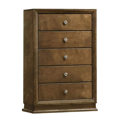 Rouk 5 Drawer Tall Dresser Chest, Transitional, Walnut Brown Solid Wood