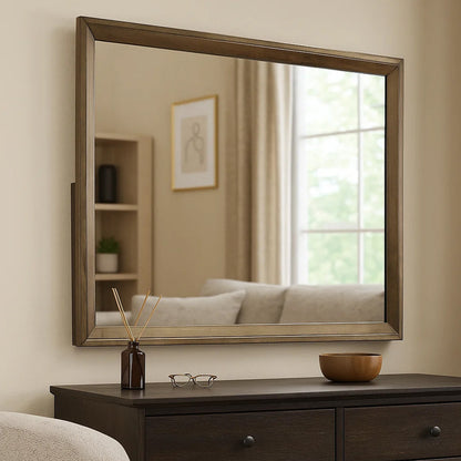 Rouk Dresser Mirror, Walnut Brown Solid Wood, Rectangular 45 Inch Frame