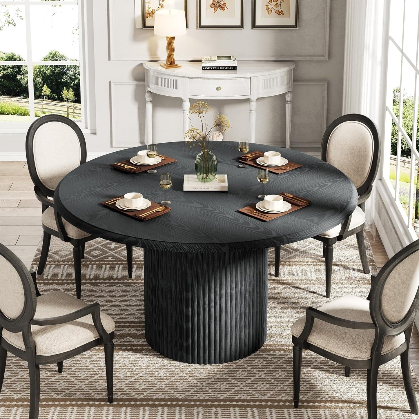 Arthur 36 Inch Farmhouse Style Handcrafted Mango Wood Coffee Table, Round Drum Shape, Sandblasted Black