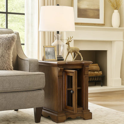 Rox Chairside End Table, 22 Inch, 1 Glass Door w USB A and C Ports, Brown