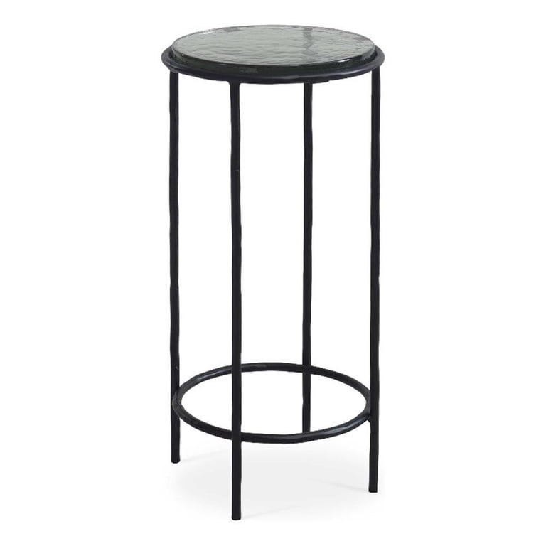 Hex Accent Table, 12 Inch Round Recycled Glass Top, Black Iron Frame