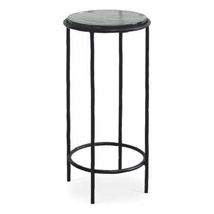 Hex Accent Table, 12 Inch Round Recycled Glass Top, Black Iron Frame