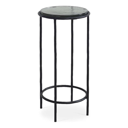 Hex Accent Table, 12 Inch Round Recycled Glass Top, Black Iron Frame