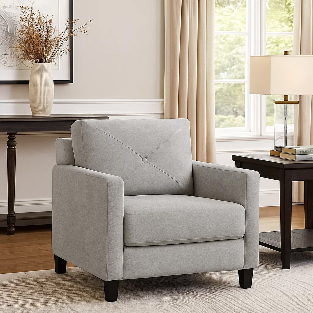 Royi Accent Chair, Track Armrest, Blue Fabric Seat w Tufted Backrest
