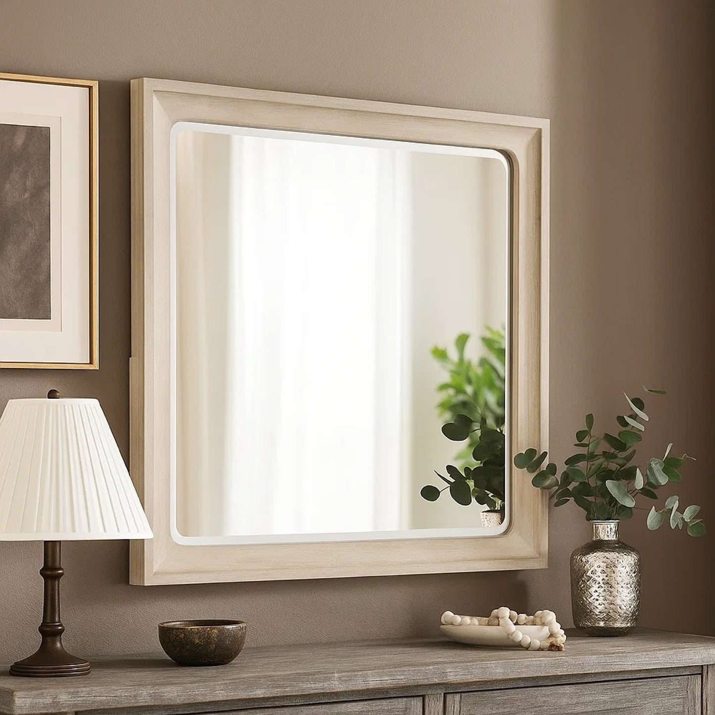 Rozie Dresser Mirror, Bevelled Accents, Light Brown Solid Wood 36x40