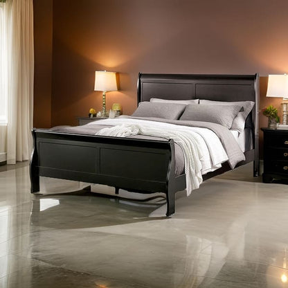Ryla Full Size Bed, Sleigh Panel Headboard and Footboard, Black Solid Wood