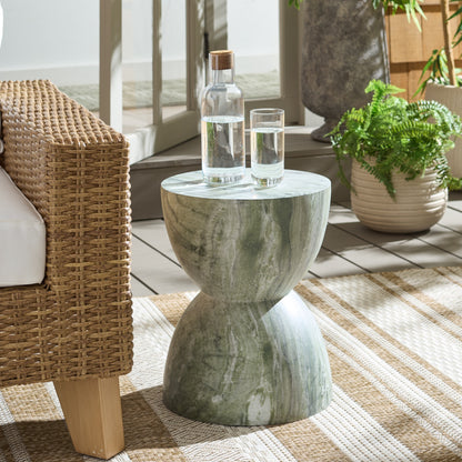 Ruo Patio Garden Stool End Table, Hourglass Body, Glossy Green Ceramic