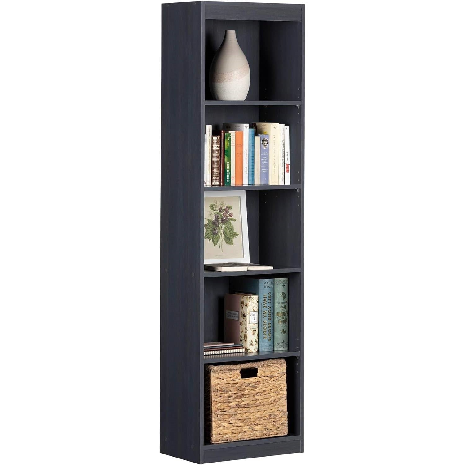 Narrow 5-Shelf Bookcase Slim Storage Shelving Unit Dark Blue Black Wood Finish — Chic Home-Decor