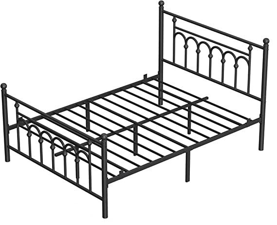 Queen Size Victorian Black Metal Platform Bed Frame with Headboard Footboard