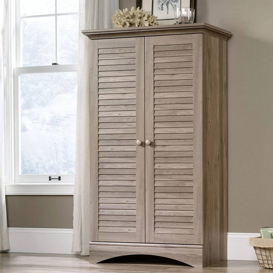 Farmhouse Armoire Storage Cabinet w/ Louver Doors in Light Brown Oak Wood Finish — Chic Home-Decor