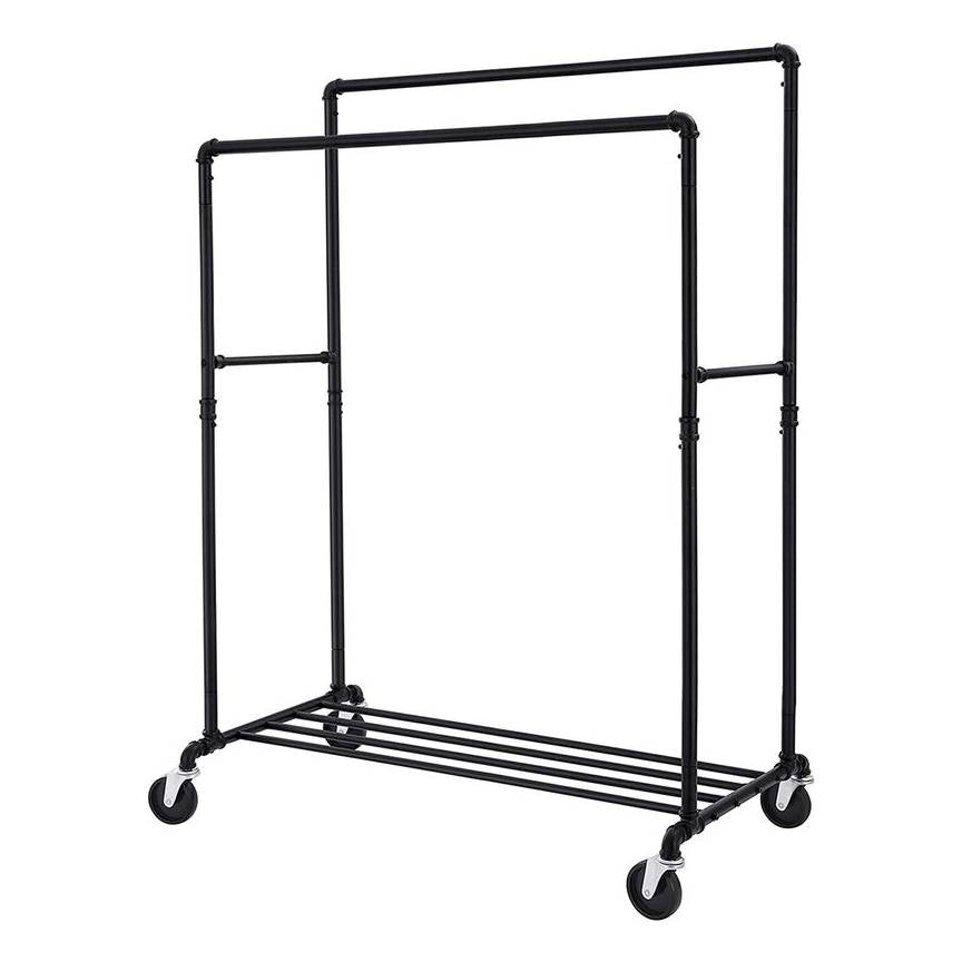 Heavy Duty Rustic Pipe Black Double-Rail Clothes Garment Rack w/ Locking Wheels — Chic Home-Decor