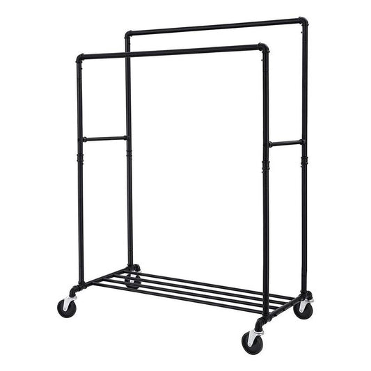 Heavy Duty Rustic Pipe Black Double-Rail Clothes Garment Rack w/ Locking Wheels — Chic Home-Decor