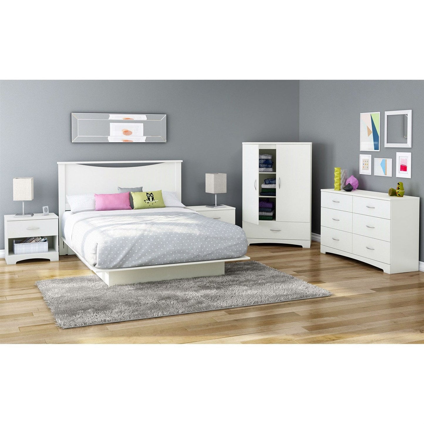 2-Door Armoire Wardrobe Cabinet with Bottom Storage Drawer in White Wood Finish
