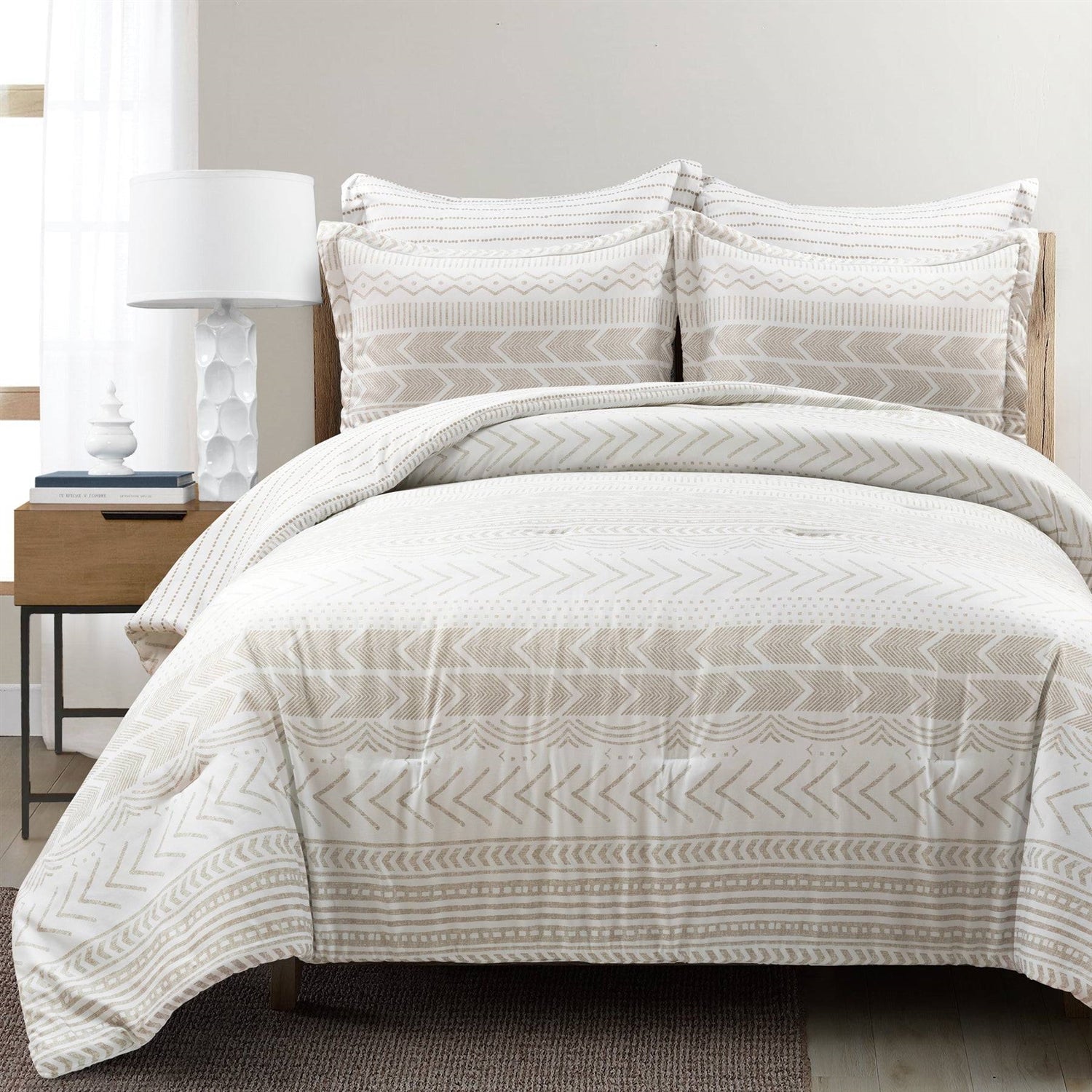 Full/Queen Scandinavian Chevron Beige Taupe 5 Piece Lightweight Comforter Set — Chic Home-Decor