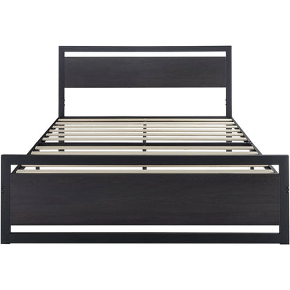 Metal Platform Bed Frame with Wood Panel Headboard and Footboard – Black
