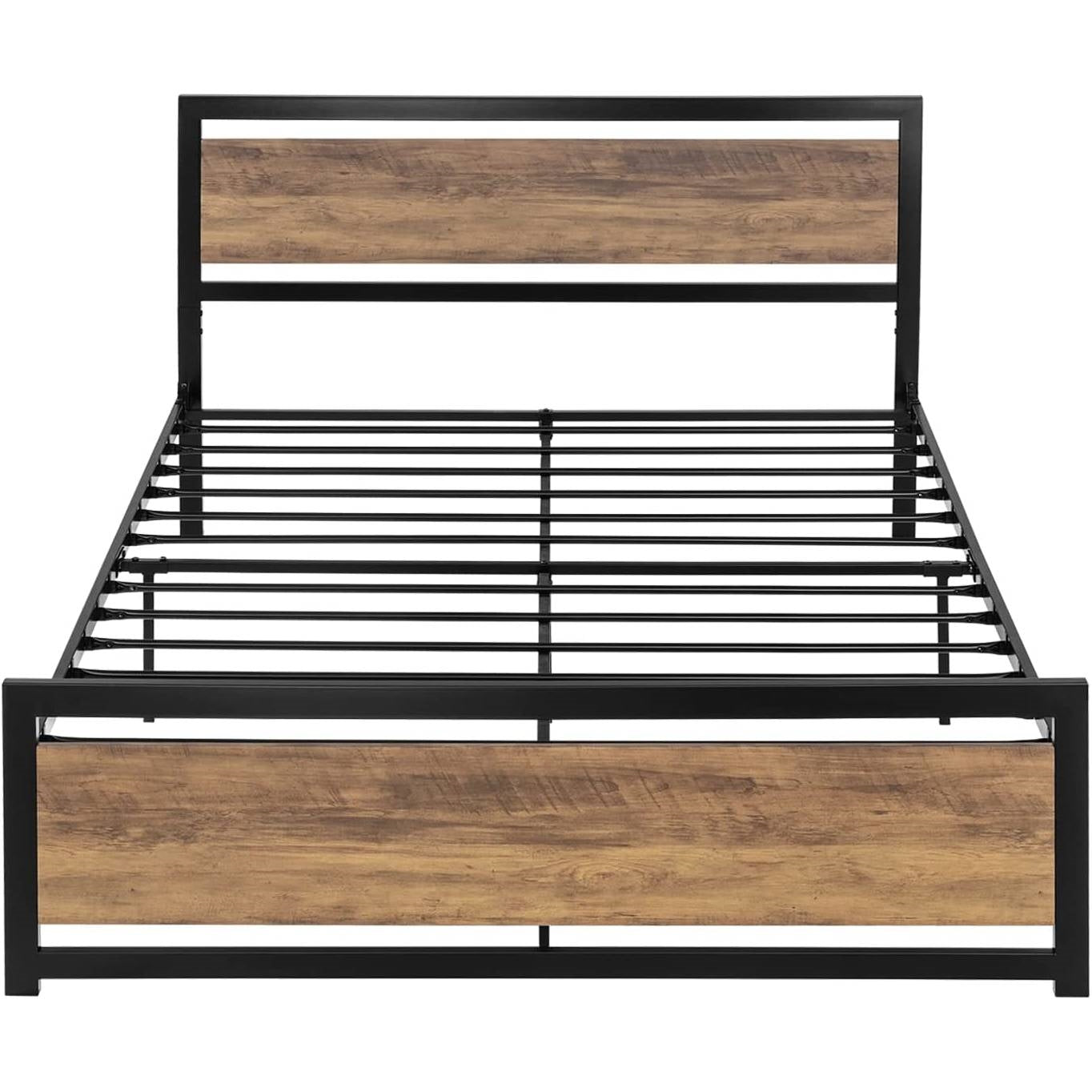 Full Metal Platform Bed Frame with Brown Wood Panel Headboard and Footboard — Chic Home-Decor