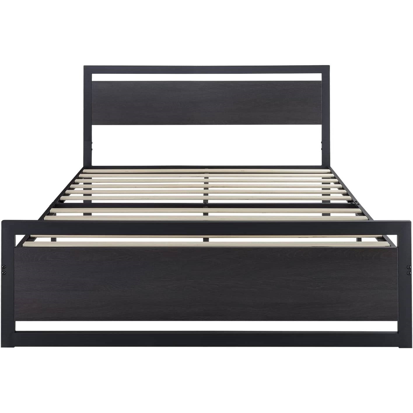 Queen Black Metal Platform Bed Frame with Wood Panel Headboard and Footboard — Chic Home-Decor