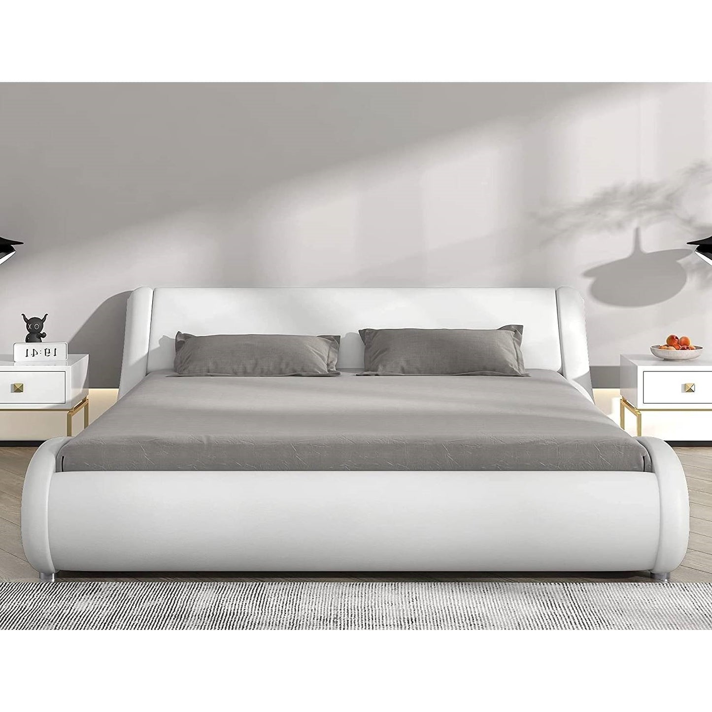 Queen Modern White Faux Leather Upholstered Platform Bed Frame with Headboard — Chic Home-Decor