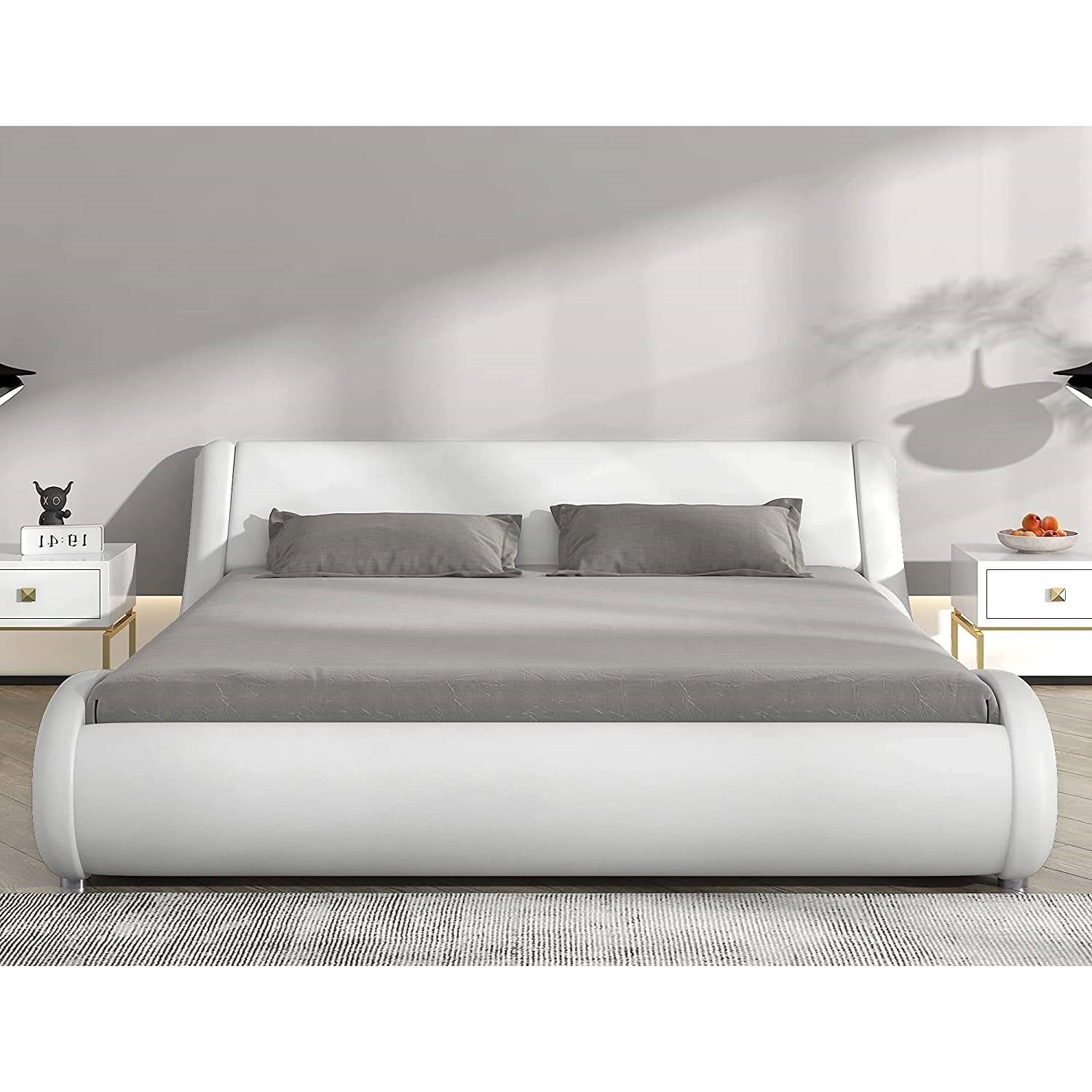Queen Modern White Faux Leather Upholstered Platform Bed Frame with Headboard — Chic Home-Decor