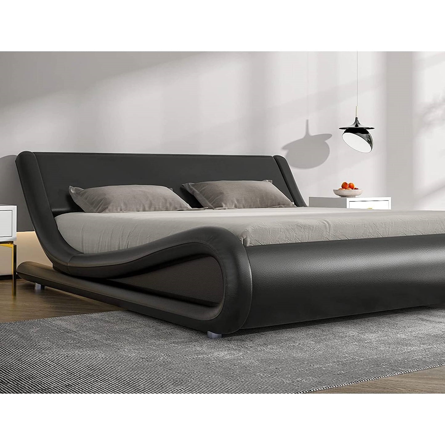 Queen Modern Black Faux Leather Upholstered Platform Bed Frame with Headboard — Chic Home-Decor