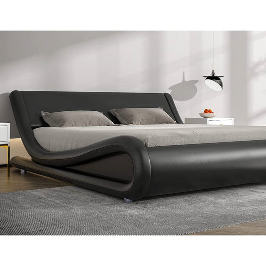 Queen Modern Black Faux Leather Upholstered Platform Bed Frame with Headboard — Chic Home-Decor