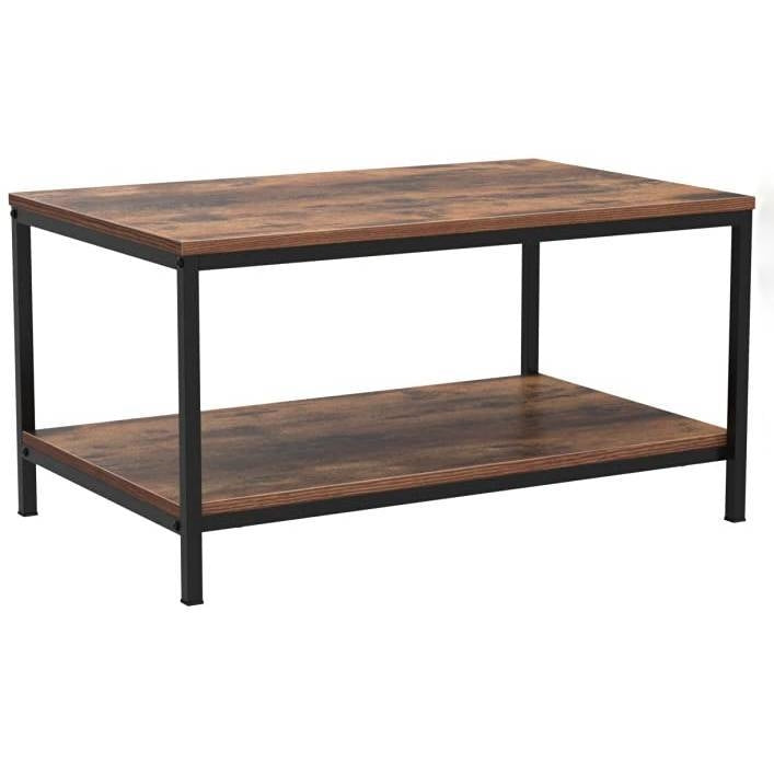 Heavy Duty Industrial 2-Tier Coffee Table in Rustic Brown Wood Finish — Chic Home-Decor