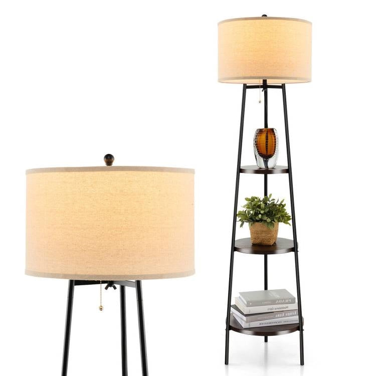 Modern Floor Lamp 3-Tier Bookcase Shelf with Round Drum Linen Lampshade — Chic Home-Decor