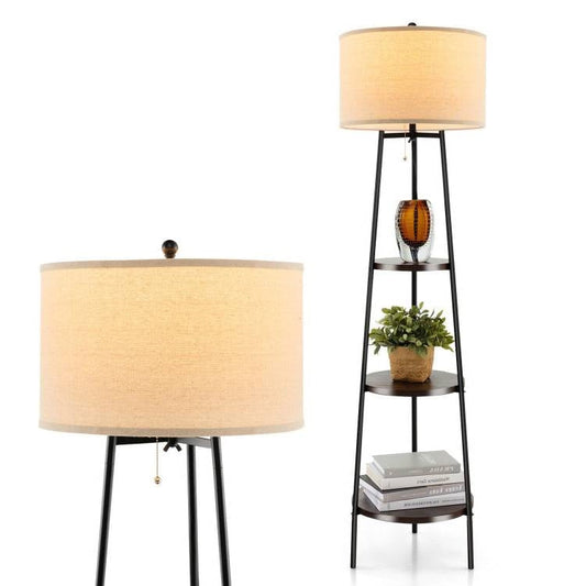 Modern Floor Lamp 3-Tier Bookcase Shelf with Round Drum Linen Lampshade — Chic Home-Decor
