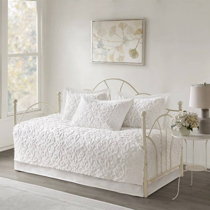 5-Piece Farmhouse Off-White Chenille Cotton Daybed Cover Bedding Set